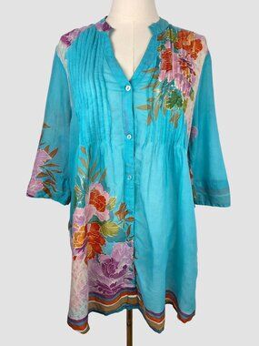 La Cera Floral Border Print Cotton Tunic Top Aqua Pleated Blouse Sz L Boho Vaca